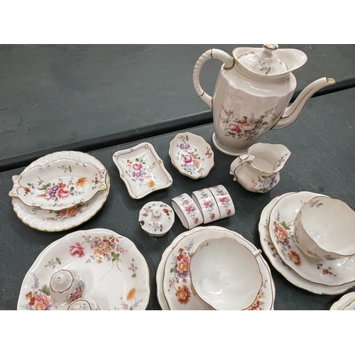 208A - A ROYAL CROWN DERBY PART COFFEE SET DERBY POSIES CONSISTING OF SEVEN TRIOS, COFFEE POT, CREAM JUG, C... 