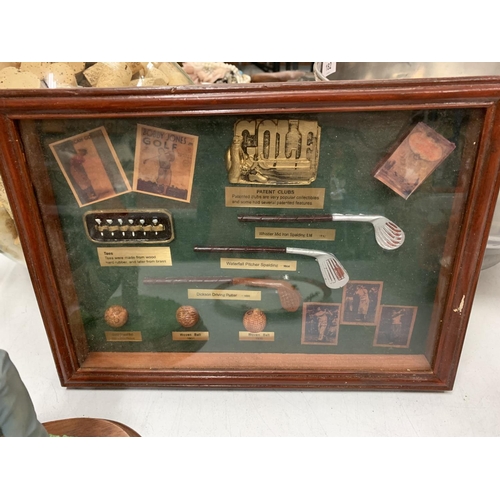 185 - A COLLECTION OF GOLFING ITEMS TO INCLUDE SMALL DISPLAY CASE, CUPAND SAUCER AND FIGURE (A/F)