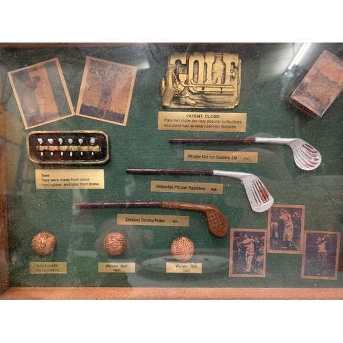 185 - A COLLECTION OF GOLFING ITEMS TO INCLUDE SMALL DISPLAY CASE, CUPAND SAUCER AND FIGURE (A/F)