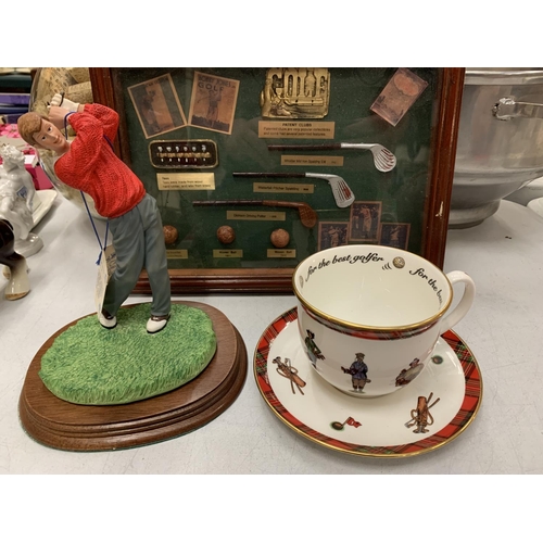 185 - A COLLECTION OF GOLFING ITEMS TO INCLUDE SMALL DISPLAY CASE, CUPAND SAUCER AND FIGURE (A/F)