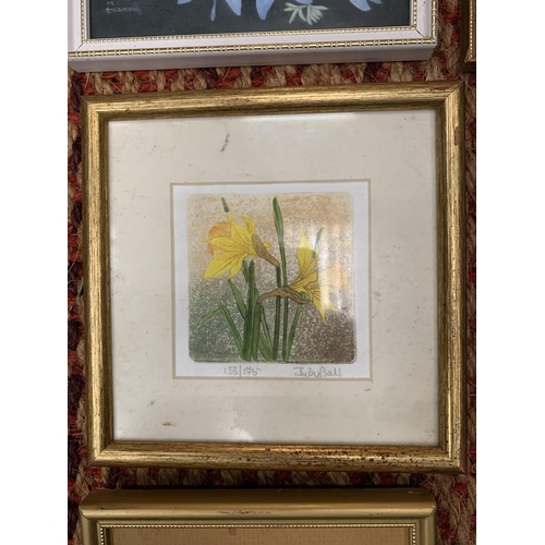 199 - FIVE SMALL FRAMED PICTURES DEPICTING FLOWERS AND A FRAMED CASH'S SILK OF A ROBIN