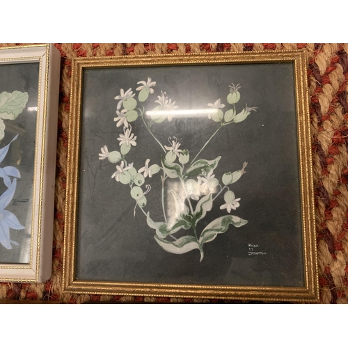 199 - FIVE SMALL FRAMED PICTURES DEPICTING FLOWERS AND A FRAMED CASH'S SILK OF A ROBIN