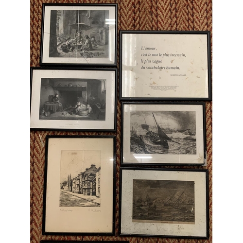 203 - A COLLECTION OF TEN BLACK FRAMED PICTURES