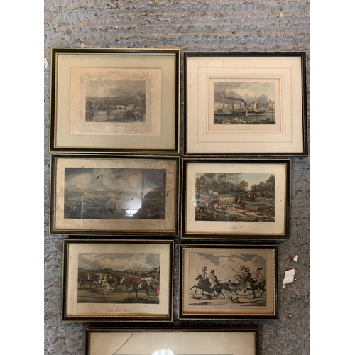 205 - EIGHT BLACK FRAMED PICTURES DEPICTING VARIOUS SCENES