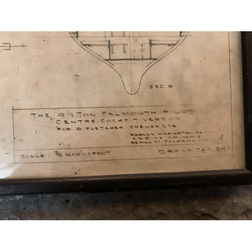 207 - TWO FRAMED TECHNICAL DRAWINGS OF A NINE AND A HALF FALMOUTH PILOT