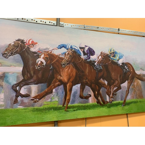 211 - A LANDSCAPE PRINT ON CANVAS DEPICTING HORSE RACING SIGNED ROGER HEATON H:50.5 W:121.5CM