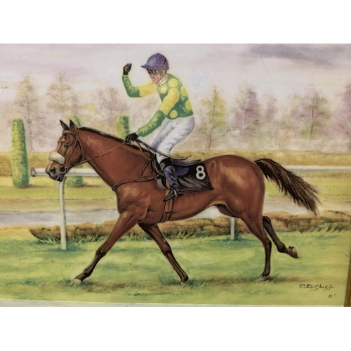 212 - A FRAMED PRINT ON BOARD DEPICTING STEEPLE CHASE WINNER AT UTTOXETER SIGNED P ENGLISH 38CM X 35CM