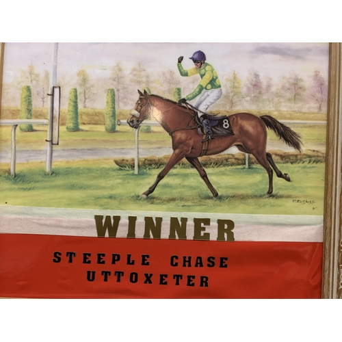 212 - A FRAMED PRINT ON BOARD DEPICTING STEEPLE CHASE WINNER AT UTTOXETER SIGNED P ENGLISH 38CM X 35CM