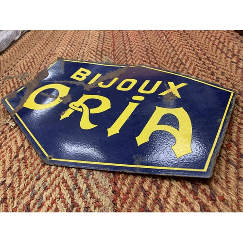 215 - A METAL ENAMEL SIGN 'BIJOUX ORIA' 55CM X 40CM