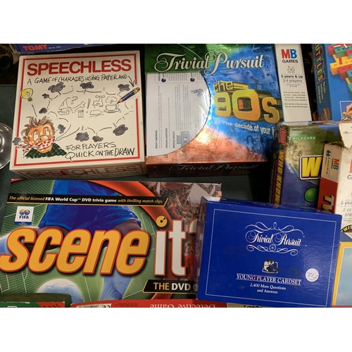 232 - A LARGE COLLECTION OF VARIOUS BOARD GAMES TO INCLUDE KER-PLUNK, TRIVIAL PURSUIT, CLUEDO, CRANIUM ETC