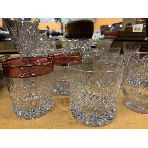 268 - AN ASSORTMENT OF CUT GLASS ITEMS TO INCLUDE WINE, SHERRY AND WHISKY GLASSES ETC