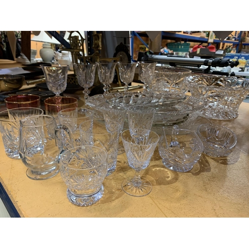 268 - AN ASSORTMENT OF CUT GLASS ITEMS TO INCLUDE WINE, SHERRY AND WHISKY GLASSES ETC