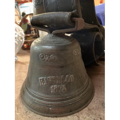 288 - THREE BRASS ITEMS TO INCLUDE ECCLES MINERS LAMP, BELL ON LEATHER STRAP AND A TOASTING FORK