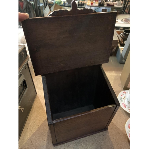 294 - AN OAK WALL MOUNTED SALT BOX