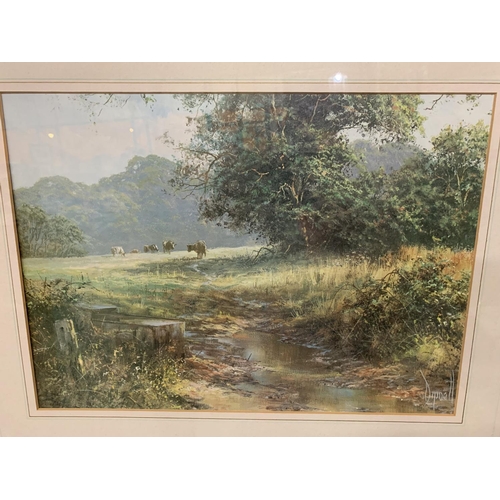 298 - A FRAMED PRINT DEPICTING CATTLE BY A STREAM