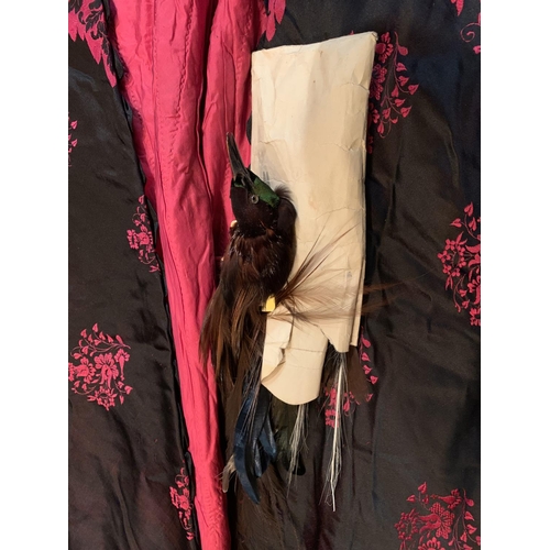 62 - TWO VINTAGE SHAWLS, AN ERMINE AND FEATHERS AND A BIRD TAXIDERMY FOR DECORATION