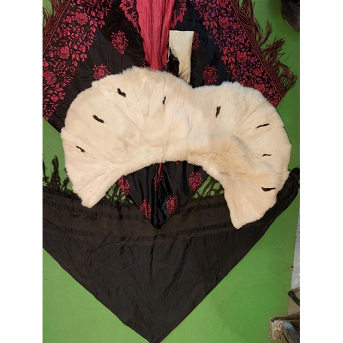 62 - TWO VINTAGE SHAWLS, AN ERMINE AND FEATHERS AND A BIRD TAXIDERMY FOR DECORATION