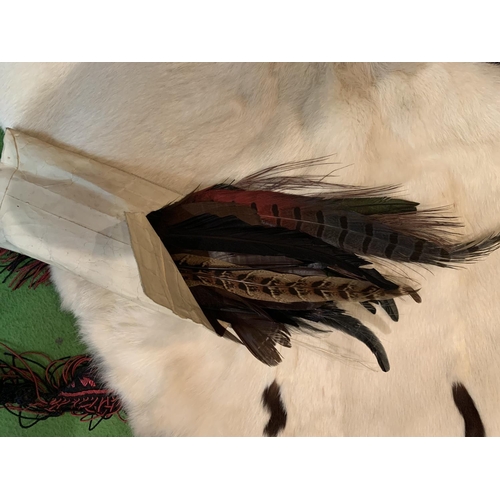62 - TWO VINTAGE SHAWLS, AN ERMINE AND FEATHERS AND A BIRD TAXIDERMY FOR DECORATION
