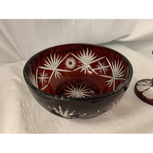64 - TWO PIECES OF RUBY CUT GLASS OVERLAY ITEMS, A BOWL AND A LIDDED GLASS (LID A/F)