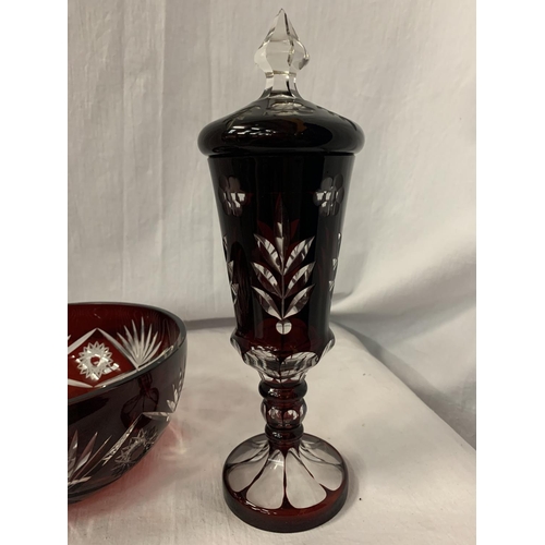 64 - TWO PIECES OF RUBY CUT GLASS OVERLAY ITEMS, A BOWL AND A LIDDED GLASS (LID A/F)