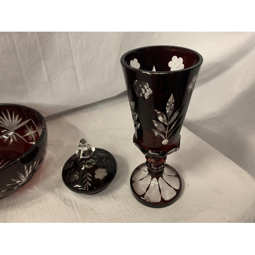 64 - TWO PIECES OF RUBY CUT GLASS OVERLAY ITEMS, A BOWL AND A LIDDED GLASS (LID A/F)