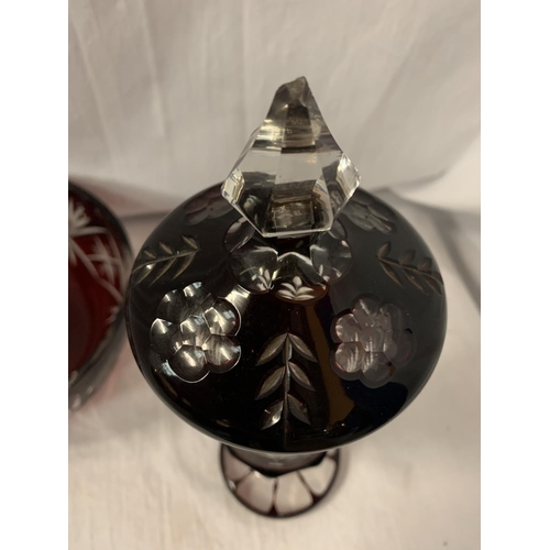64 - TWO PIECES OF RUBY CUT GLASS OVERLAY ITEMS, A BOWL AND A LIDDED GLASS (LID A/F)
