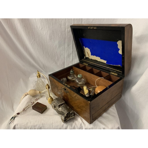 65 - A WALNUT LIDDED BOX AND CONTENTS