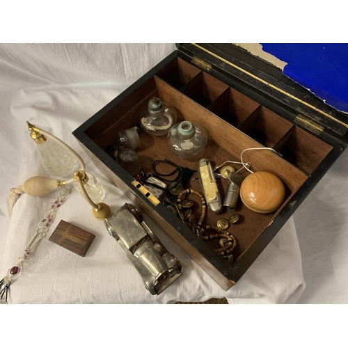 65 - A WALNUT LIDDED BOX AND CONTENTS