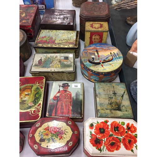 166 - A LARGE COLLECTION OF VINTAGE TINS TO INCLUDE HUNTLEY & PALMERS