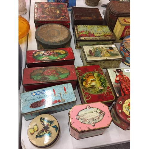 166 - A LARGE COLLECTION OF VINTAGE TINS TO INCLUDE HUNTLEY & PALMERS