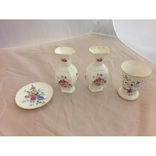 174 - THREE COALPORT VASES AND A WEDGWOOD TRINKET TRAY