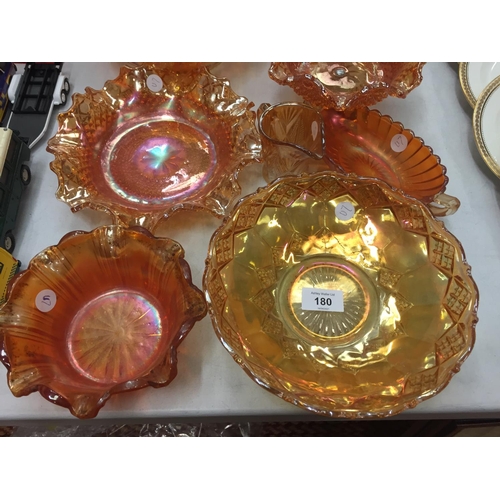 180 - AN ASSORTMENT OF CARNIVAL GLASSWARE TO INCLUDE BOWLS, VASES ETC