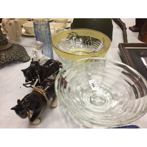 184 - A COLLECTION OF GLASS WARE AND CERAMICS TO INCLUDE GLASS PAPERWEIGHTS, SHIRE HORSES ETC