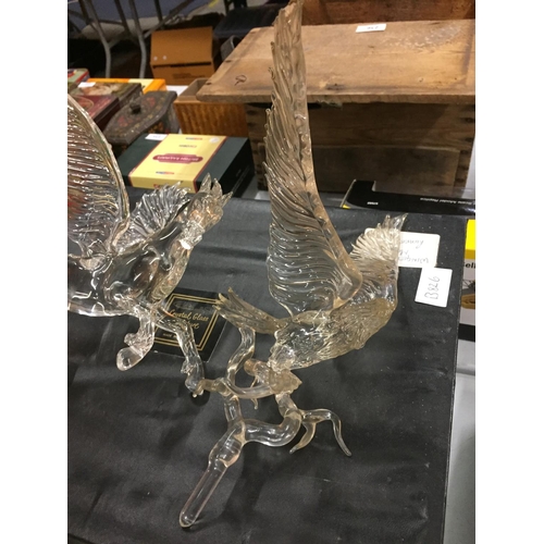 206 - A CRYSTAL GLASS SCULPTURE OF A WINGED HORSE AND A BIRD OF PREY