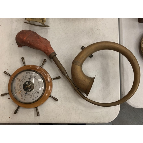 152 - A COLLECTION OF ASSORTED ITEMS TO INCLUDE BRASS WARE, CLOCKS AND BAROMETER