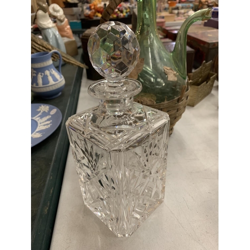 154 - A COLLECTION OF GLASS WARE TO INCLUDE A CUT GLASS DECANTER, FOUR BRANDY GLASSES, A WINE CARAFE A/F A... 