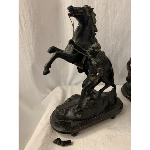 159A - A PAIR OF SPELTER FIGURES OF MARLY HORSES REARING, WITH HANDLER  ON WOODEN BASES A/F
