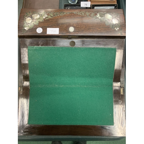 79A - A VINTAGE MAHOGANY WRITING SLOPE  WITH MOTHER OF PEARL INLAY FLORAL DESIGN