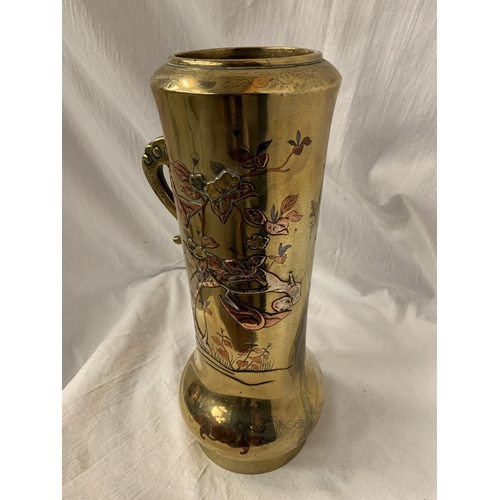 16 - A DECORATIVE BRASS VESSEL WITH EMBOSSED COPPER AVIAN DESIGN H: 36CM