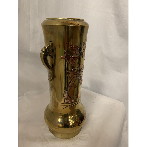 16 - A DECORATIVE BRASS VESSEL WITH EMBOSSED COPPER AVIAN DESIGN H: 36CM