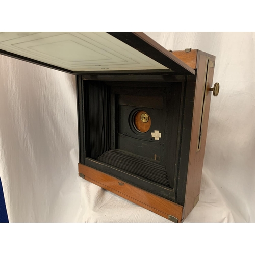 2 - A LARGE STEREOSCOPIC & CO LTD MAHOGANY AND BRASS CAMERA (WITHOUT LENS)