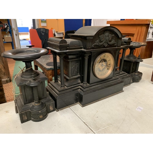 3 - A VERY LARGE VICTORIAN BLACK SLATE EIGHT DAY STRIKING MANTEL CLOCK (H: 35CM)TO ALSO INCLUDE A PAIR O... 