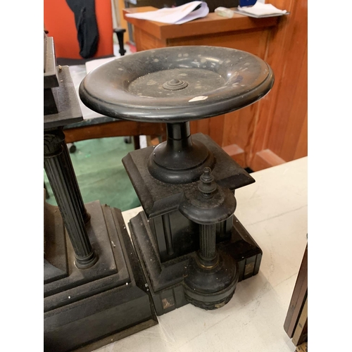 3 - A VERY LARGE VICTORIAN BLACK SLATE EIGHT DAY STRIKING MANTEL CLOCK (H: 35CM)TO ALSO INCLUDE A PAIR O... 