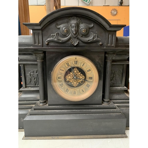 3 - A VERY LARGE VICTORIAN BLACK SLATE EIGHT DAY STRIKING MANTEL CLOCK (H: 35CM)TO ALSO INCLUDE A PAIR O... 