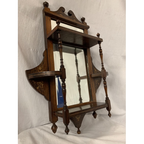 36 - A VINTAGE MAHOGANY HALL MIRROR SHELF WITH FINIALS AND INLAY 61CM X 45.5CM