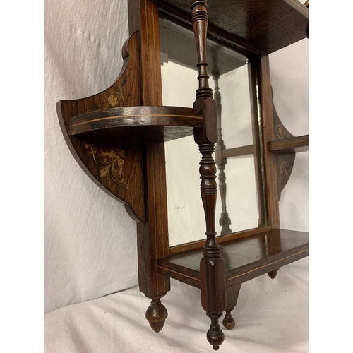 36 - A VINTAGE MAHOGANY HALL MIRROR SHELF WITH FINIALS AND INLAY 61CM X 45.5CM