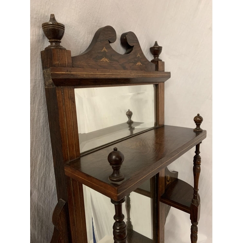 36 - A VINTAGE MAHOGANY HALL MIRROR SHELF WITH FINIALS AND INLAY 61CM X 45.5CM