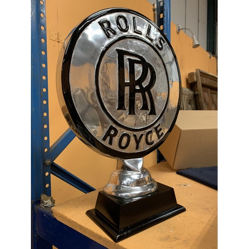 44 - A CHROME ROLLS ROYCE SIGN ON A WOODEN BASE H: 50CM