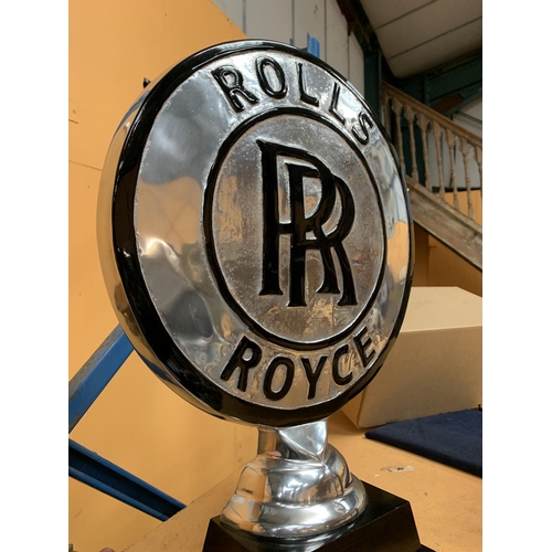 44 - A CHROME ROLLS ROYCE SIGN ON A WOODEN BASE H: 50CM