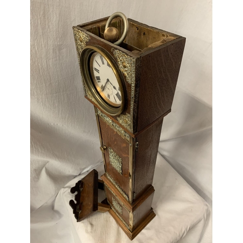 46 - A SMALL VINTAGE OAK REPLICA GRANDMOTHER CLOCK WITH BRASS DETAIL H: APPROXIMATELY 75CM